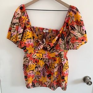 Loft Tropical Flutter Tie Neck Top
